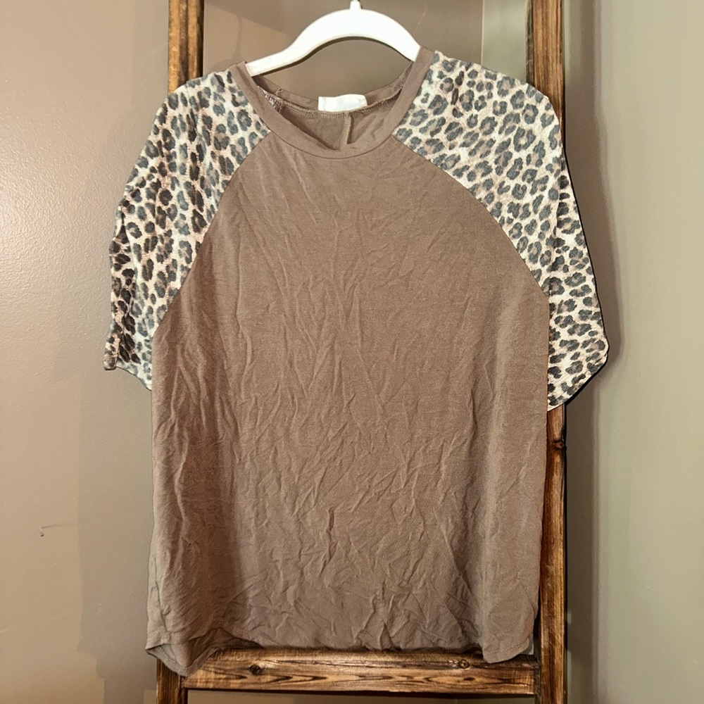 brown top with leopard sleeves